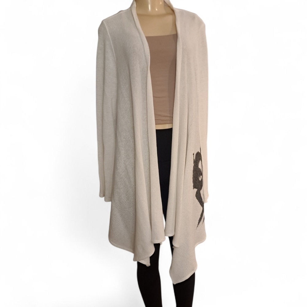Kontrast White Open Front Longline Cardigan Abstract Art Sweater Size L